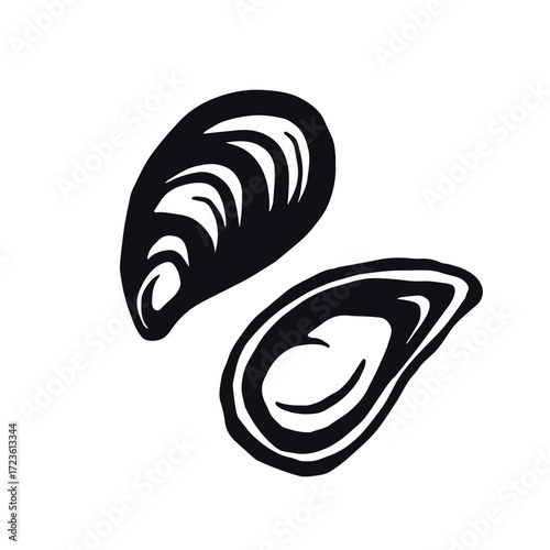 Mussels black icon isolated on white background. Vector illustration. Oyster shell top view, line hand drawing, ink sketch. Seafood restaurant menu logo design. Vintage sea clam art, beach food.