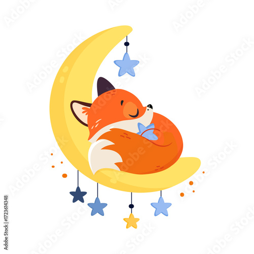 Moon with Fox Animal Sleeping Have Sweet Dreams Vector Illustration