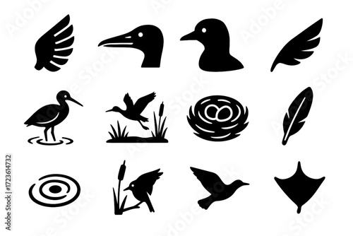 Bird icons beak symbol shadow water vector icon detail nest wetland tail
