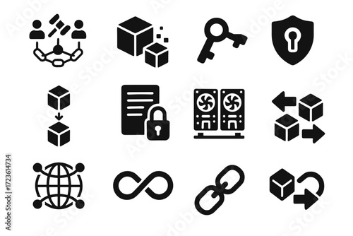 Arrows hardware decentralized key validation blockchain vector data icons set mining icon