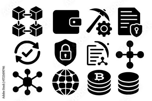 Blockchain links nodes paper transaction pickaxe vector server coin decentralized icon set