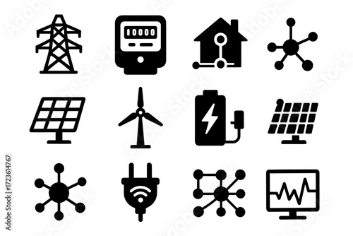 Electricity solar symbol icons house grid vector smart renewable icon generator connected
