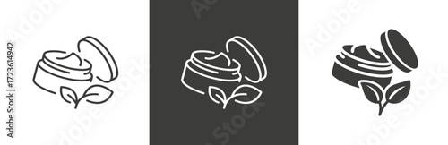 flat and linear set icons, natural organic cosmetics icon, open jar, bio skin care, cream, simple symbols on white and black background - editable stroke vector illustration