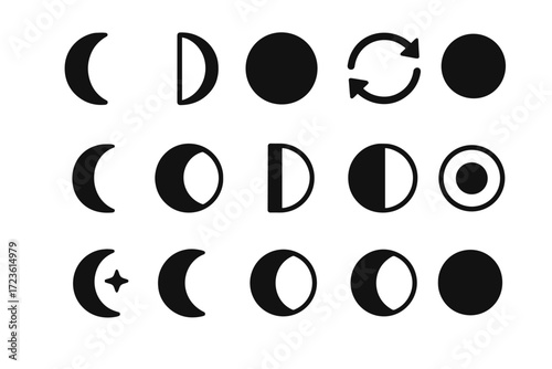 Waning night lunar cycle icon crescent flow phases icons vector waxing eclipse