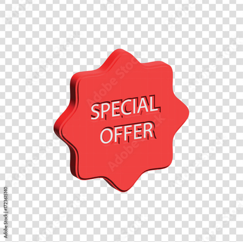 3D red flower-shaped badge with text “SPECIAL OFFER”, symbolizing discount, shopping, and promotion.