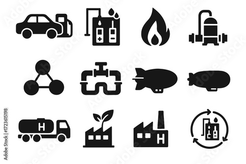 Infrastructure renewable hydro green electrolyzer symbol icon truck splitting vector car tanker