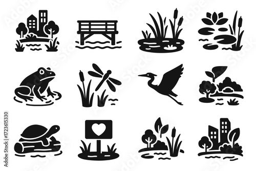 Icon plants over wetlands aquatic urban flying vector heron frog habitat pond