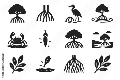 Set icon branch mudflat roots cluster network root vector tree mangrove mangroves