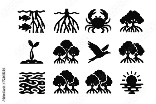 Mangrove flying pod group icon vector swamp set sun silhouette bird