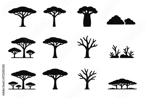 Line leafless vector savannah icon scattered outline silhouette cluster tall tree
