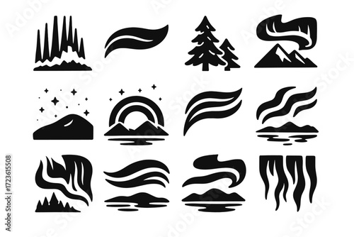 Ribbons under vector curtain aurora silhouette set reflection vertical beams icon sky