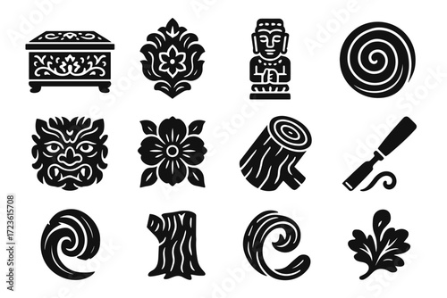 Carved tree wood box carving vector icons symbol emblem statue pattern icon