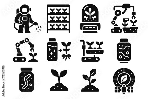 Icon liquid soil farming space algae icons watering crop vector pod system