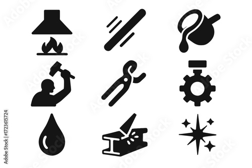 Gear forging crucible icon rod tongs drop glowing beam icons vector metal