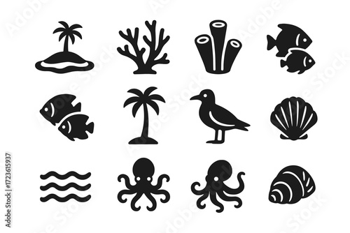Vector shell shallow icon octopus island branch atoll waves seabird coral