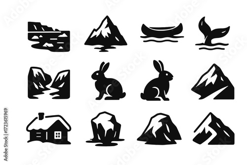 Coastline slope set mountain glacier icon vector cabin ravine snowy arctic