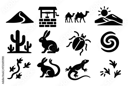 Dunes cactus icons collection cluster peak tracks camel vector over swirl desert