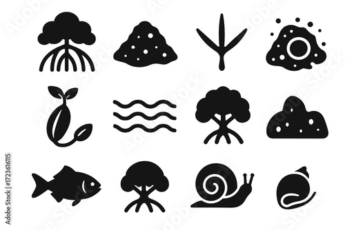Tidal icon bird roots icons mangrove collection seed vector fish shape waves