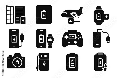 Icons backup battery power detachable charging waterproof pack vector solar bank icon