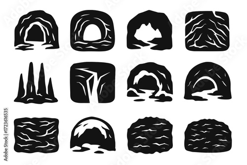 Crevasse cave icons ice column silhouette vector interior icon opening glacial icy