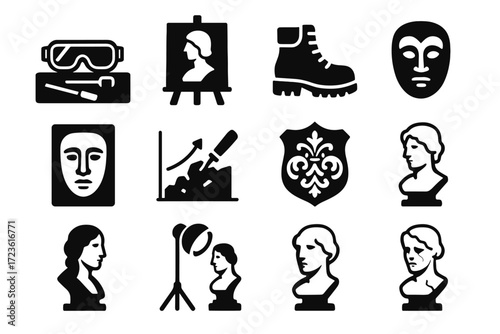 Work cracked stone bust icons shadowed chart sculpture icon vector boots carving