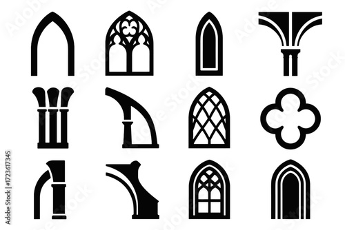 Clustered lancet inset column icon support cathedral window arch profile vector gothic