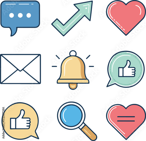 Social Media and Communication Icon Set with Heart, Bell, Chat and Like Symbols