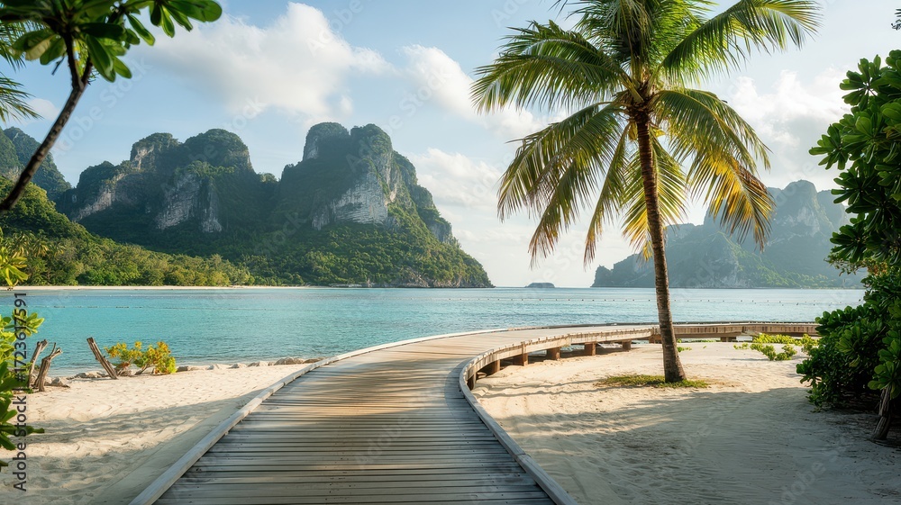Obraz premium Paradise Tropical Beach Scene Wooden Boardwalk Path Palm Tree Sandy Shore Turquoise Ocean Lush Green Islands Mountains Background Vacation Getaway