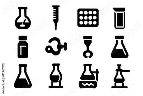 Clamp bar burette container cap icon glassware lab vector reagent icons flask