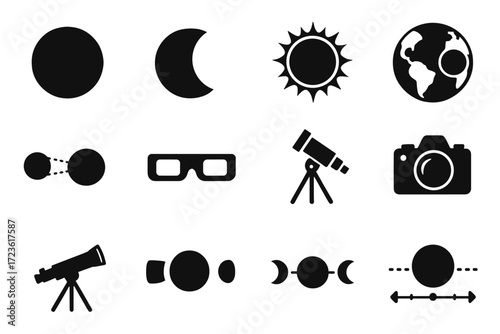 Silhouette icon vector crescent observation path solar ring camera eclipse earth