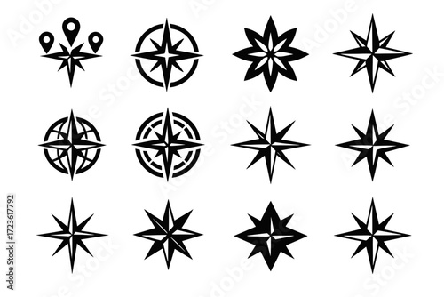 Compass rose wind star collection expanded pins layered icon globe vector cardinal