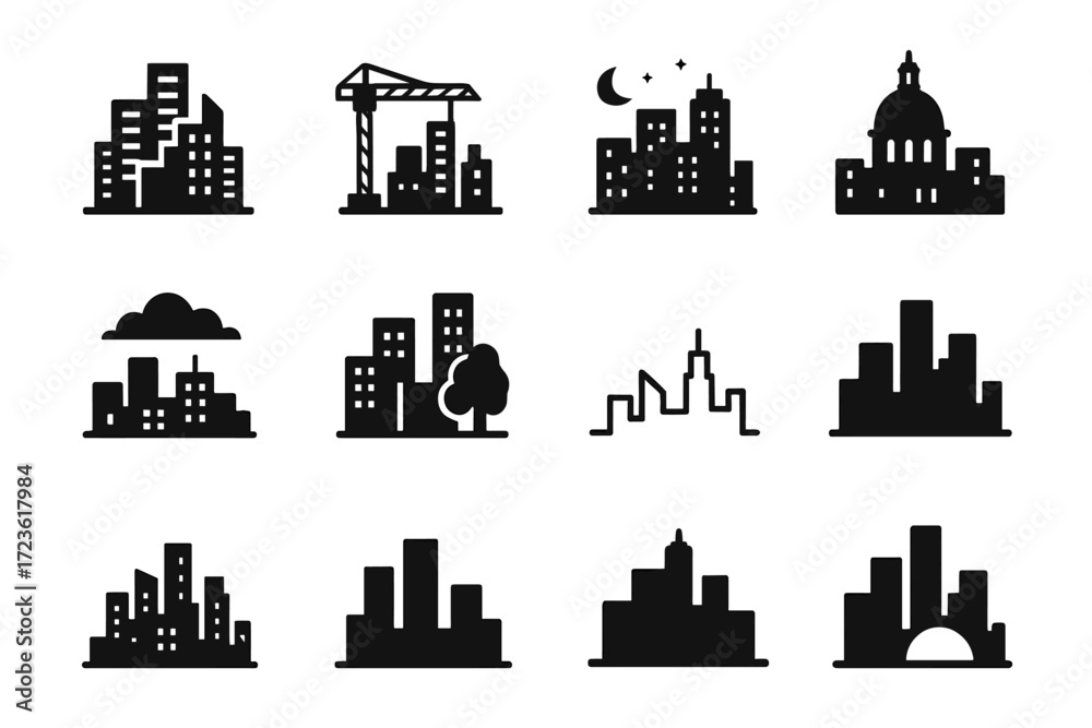 Obraz premium Historic district sunset skyline night trees vector icon minimal silhouette set