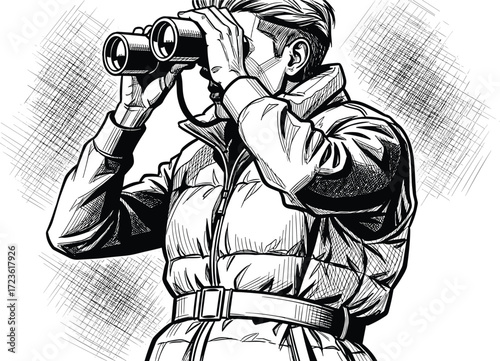 Black and white sketch of person with binoculars, winter jacket, outdoor observer pose, detailed line art, nature watching illustration