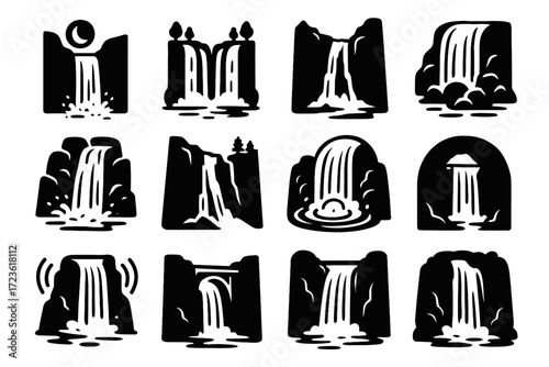 Falls over alpine waterfall under set waves deep vector icon echo