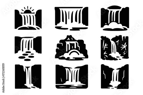 Vector lake waterfall misty hidden rainbow icon volcanic rock set stones