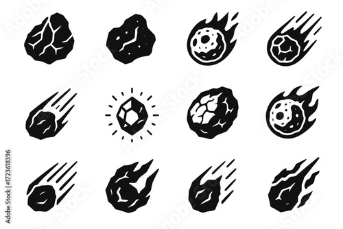 Piece meteor vector crystalline icon trail burning icons fragment debris surface