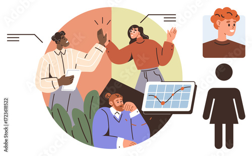 Diverse coworkers high-fiving, analyzing graphs, and brainstorming ideas. Includes headshot, silhouette, teamwork, growth, inclusivity. Ideal for collaboration goal setting leadership planning