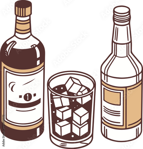 Alcohol Bottles and Glass with Ice Cubes Illustration