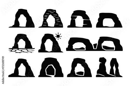 Silhouette panoramic desert floor lone smooth arches sunlit background sandstone vector icon