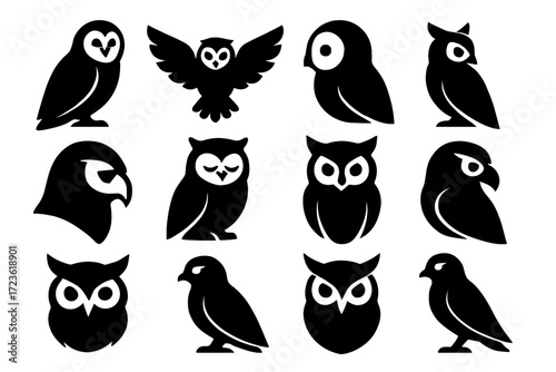 Vector elegant shape head form set owl sleek profile sitting icon