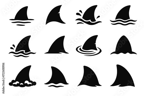 Shark curved vector silhouette fin large icon above shape outline icons