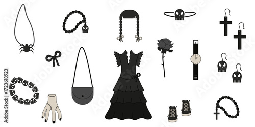 Gotchcore look set. Vector Gothic Halloween element includes dress spider bat bag sneakers shoes skull collection isolated transparent. Perfect Halloween banner poster social media design. EPS 10