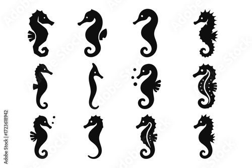 Body curved seahorse style fin marine icon stylized swimming tail vector icons