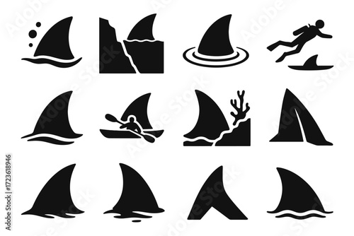 Shark behind high trench silhouette icon vector flat to fin