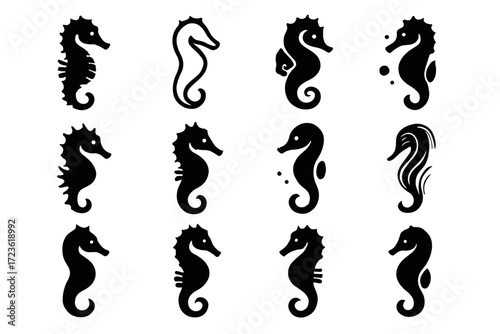 Icon long shape vector black snout motion set classic peaceful seahorse