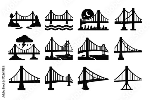 Icon suspension waves outline vector nighttime view bridge icons side span cables