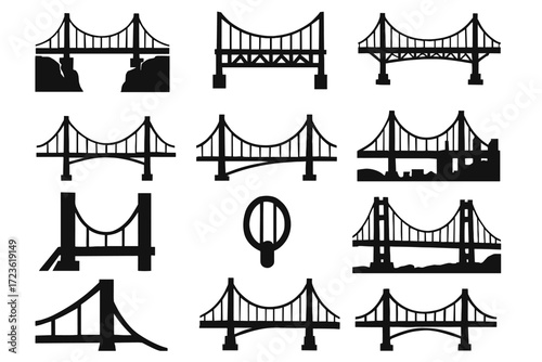 Steep tension suspension curves span cables base silhouette bridge icons vector icon