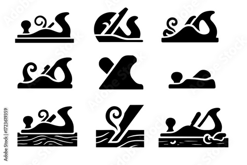 Wood textured set planed board plane woodworking view compact vector icon shadowed