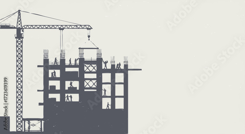 Flat vector 2D design of a construction site with workers wearing helmets, scaffolding, and safety signs, modern flat style