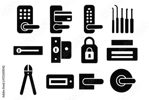 Set vector pick card locking mechanisms icons icon smart turn safety lock